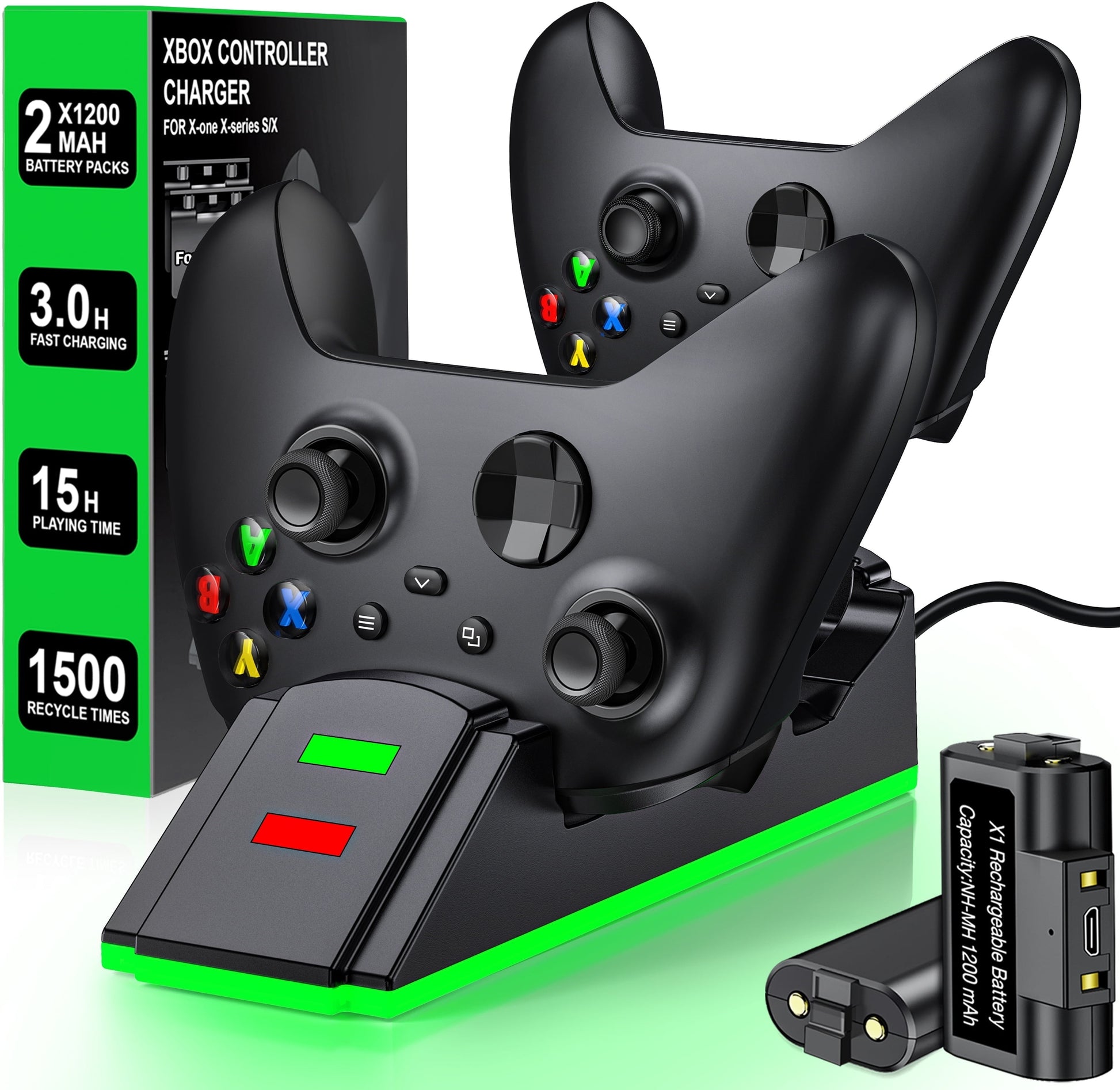 Xbox Charging Station with 2 X 1200Mah(3600Mwh)Rechargeable Battery Pack for Xbox Series X|S/Xbox One/Xbox One S/X/Elite Controller, Black, S06