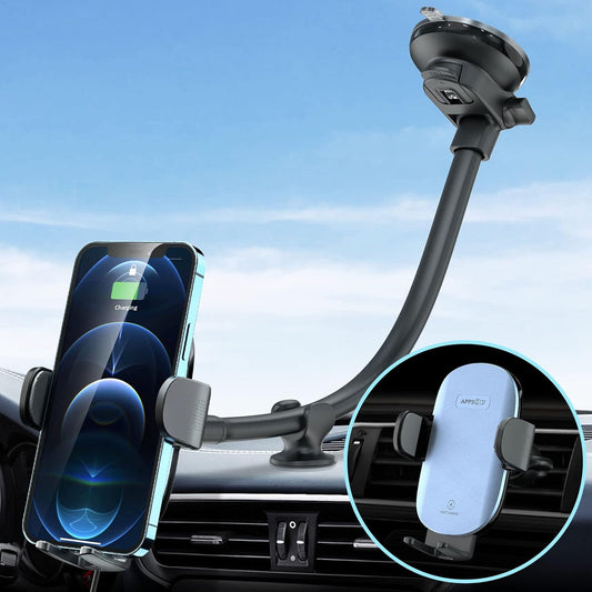 Car Phone Holder Mount Wireless Charging, 15W Wireless Car Charger Mount, Windshield Dash Phone Holder [With QC 3.0 Adapter] Compatible with Iphone 13 12 Mini 11 Pro Max, Samsung, Lg-Iron Gray